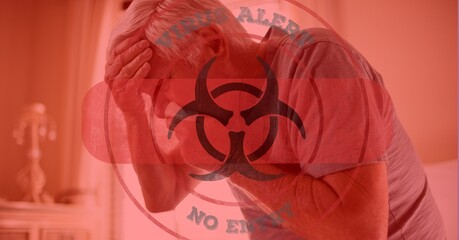 Digital illustration of a senior man holding his head and mouth over hazard sign during coronavirus 