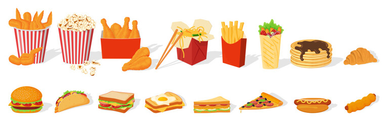 A set of fast food.Shawarma, hot dog, pizza,sandwiches,popcorn,ice cream, wings, thighs and croissant.Street food.Vector illustration on a white background