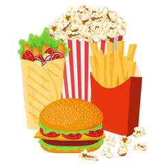 A set of fast food.Shawarma, popcorn, burger and French fries.Street food.Vector illustration on a white background