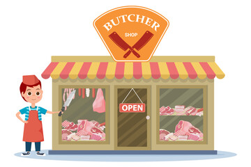Butcher shop.A shop with a large assortment of meat products.Vector illustration.