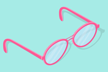 Pink glasses isolated on a green background .Isometric image of round glasses .Vector illustration.