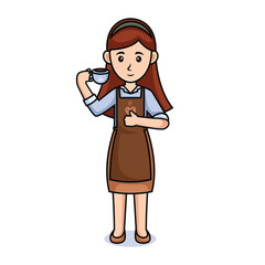 cartoon women. Friendly beautiful barista women in casual clothes, holding a cup coffee