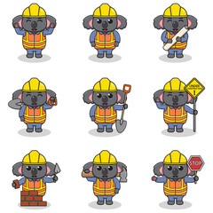 Vector illustration of Koala character at construction site. Construction workers in various tools. Cartoon Koala characters in hard hat working at building site vector.