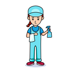 cartoon women with hat. cleaning service, holding a cleaning spray. Isolated on white.
