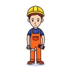 cartoon guy with hat. Friendly handsome man in construction clothes, holding a brick and building tools shovel