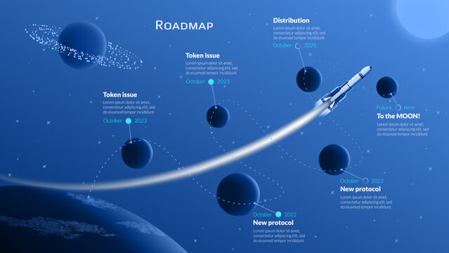 Roadmap with planet Earth and space rocket with long trail flying between planets to the Moon on blue background. Timeline infographic template for business presentation. Vector.