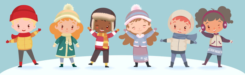 Cute kids in warm winter clothes