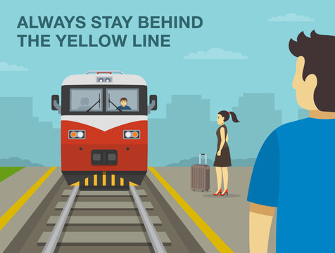 Railroad Safety Rules And Tips. Stay Behind The Yellow Line. Passengers Waiting Train On Platform While Train Is Approaching. Keep Back From Platform Edge. Flat Vector Illustration Template. 