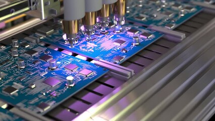 Conveyor for the production of processors and motherboards at the factory 4k footage - Powered by Adobe