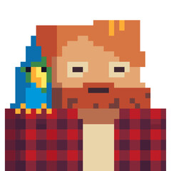 Man with a parrot on his shoulder pixel art style character. Avatar, portrait and profile picture. Design of 80s. Game assets. 8-bit. Isolated vector illustration.