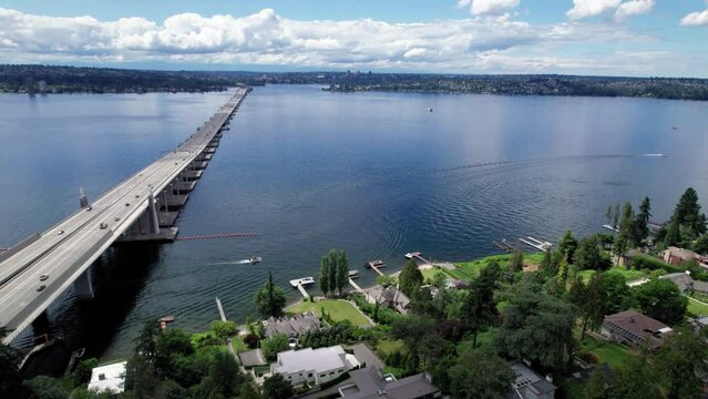 520 Floating Bridge Aerial with Boats Under Passing Cars