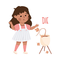 Little Girl with Die Dry Flower in Pot Demonstrating Vocabulary and Verb Studying Vector Illustration