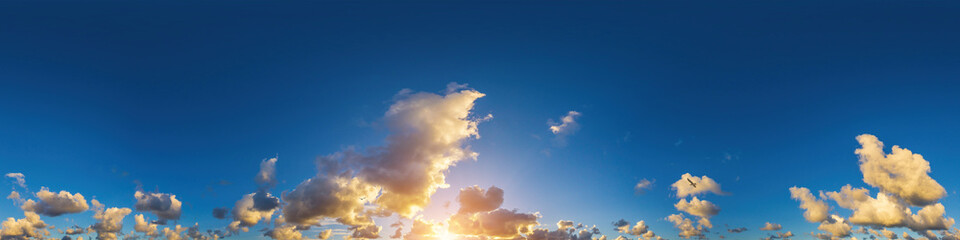 Dark blue sunset sky panorama with Cumulus clouds. Seamless hdr pano in spherical equirectangular format. Complete zenith for 3D visualization, game and sky replacement for aerial drone 360 panoramas.