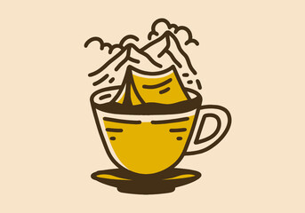 Tent on a coffee cup vintage retro line art