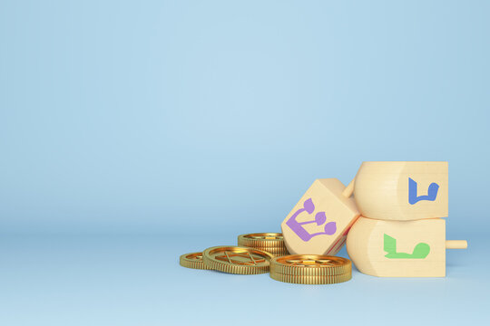 3d Rendering Image Of Jewish Holiday Hanukkah With  Gold Coin And Wooden Dreidels Or Spinning Top On A  Blue Background.