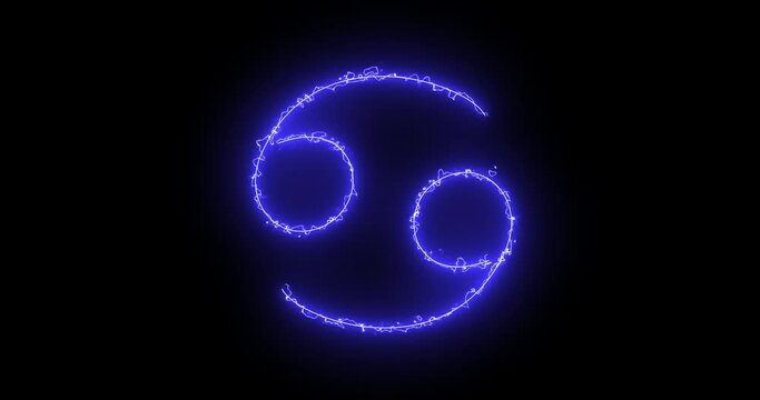 Animation of drawing zodiac signs with colored glowing flashes lines on a black background. The dark blue sign of the element water is Cancer.