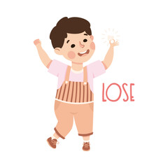 Little Boy Losing His First Tooth Demonstrating Vocabulary and Verb Studying Vector Illustration
