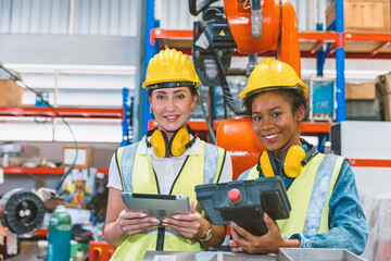 Obraz na płótnie Canvas Women engineer worker working team training together at work in modern advanced robot welding machine factory.