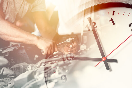 Times to mechanic working service a car. Vehicle inspection engine test and maintenance schedule timing concept.