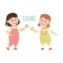Little Girl Changing Apples Demonstrating Vocabulary and Verb Studying Vector Illustration