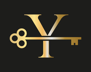Letter Y Real Estate Logo Concept With Home Lock Key Vector Template. Luxury Home Logo Key Sign