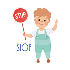 Little Boy Holding Stop Sign on Pole Demonstrating Vocabulary and Verb Studying Vector Illustration