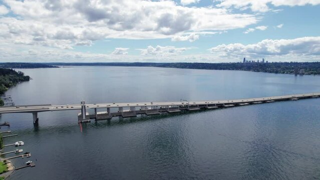 Aerial Pan of 520 Floating Bridge Across Lake Washington