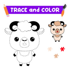 trace and color the animal. A training sheet for preschool children.Educational tasks for kids.Lamb Coloring Book