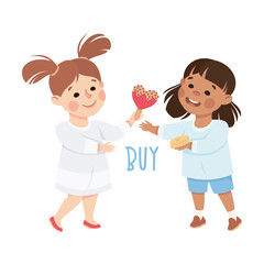 Little Girl Buying Candy on Stick Demonstrating Vocabulary and Verb Studying Vector Illustration
