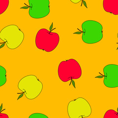 Seamless pattern with apples on a orange background . Autumn pattern with fruit.Red, green, yellow apple.Bright print for fabric