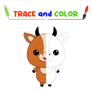 trace and color the animal. A training sheet for preschool children.Educational tasks for kids.Cow Coloring Book