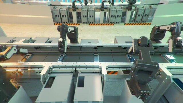 robot conveyor for the production of mobile phones at a high-tech factory. 3d rendering