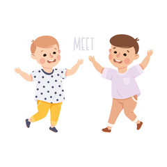Little Boy Friends Meeting Together Demonstrating Vocabulary and Verb Studying Vector Illustration