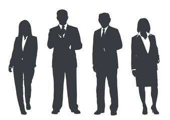 Business people group gray silhouettes pose on white background, flat line vector and illustration.