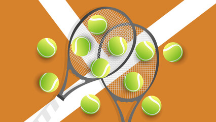 Tennis ball on Tennis racket on the white line clay court tennis , Illustrations for use in online sporting events , Illustration Vector  EPS 10