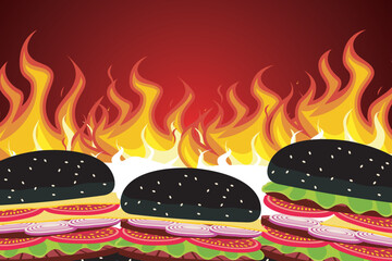 Hot spicy hamburger. Fast food. Hamburger illustration on blazing fire background