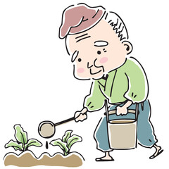 育てている野菜に水をやる昔話のおじいさん