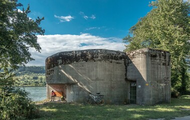 Infantriebunker at the Swiss Rhine bank, 2-storey, built in 1938 to defend against Germany, part of the fortress museum Reuenthal, Full-Reuenthal, Aargau, Switzerland, Europe