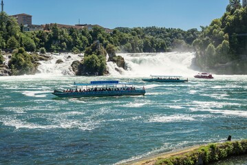Rhine Falls of Schaffhausen, in front excursion boats, Neuhausen am Rheinfall, Schaffhausen,...