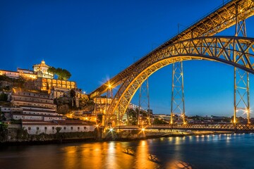 Bridge, arch bridge Ponte Dom Luis I over the Douro, dusk, Porto, Portugal, Europe - obrazy, fototapety, plakaty