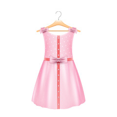 Pink dress for baby girl hanging on hanger isolated. Cute apparel for small kid, festive occasion