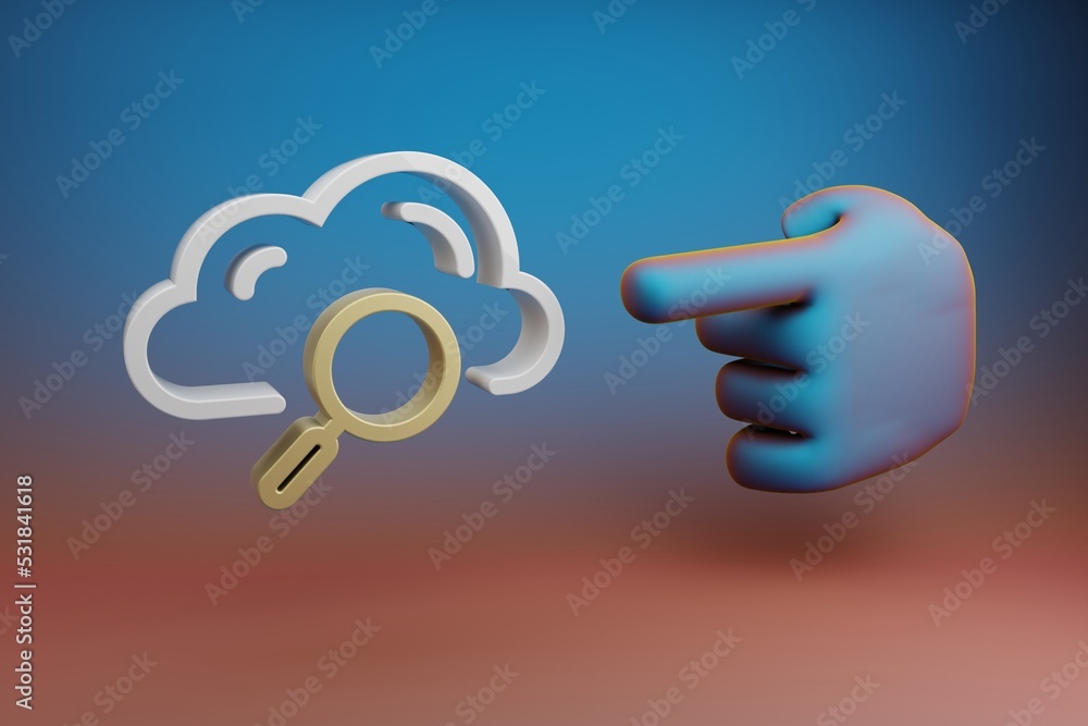 Poster beautiful illustrations abstract hand index finger points to cloud search symbol icon on a multicolo