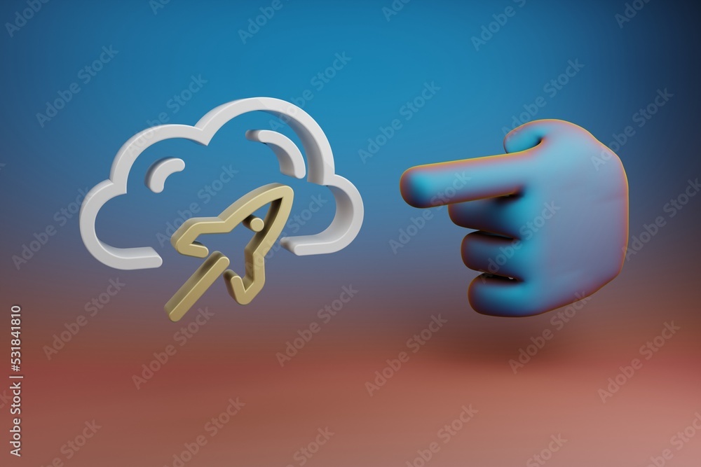 Fototapete Beautiful illustrations abstract Hand index finger points to Cloud Server Speed symbol icon on a multicolor bright background. 3d rendering illustration. Background pattern for design.