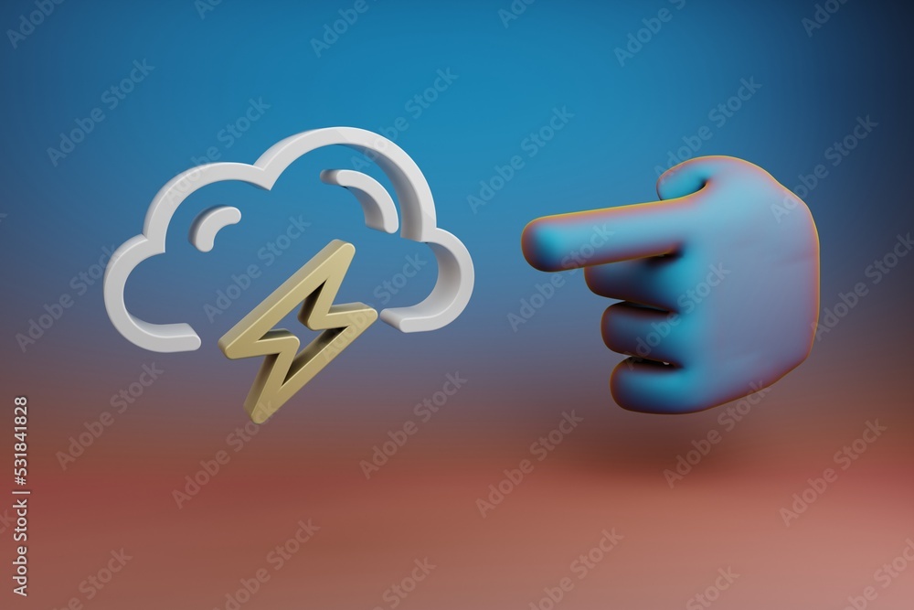 Poster beautiful illustrations abstract hand index finger points to cloud thunder bolt symbol icon on a mul