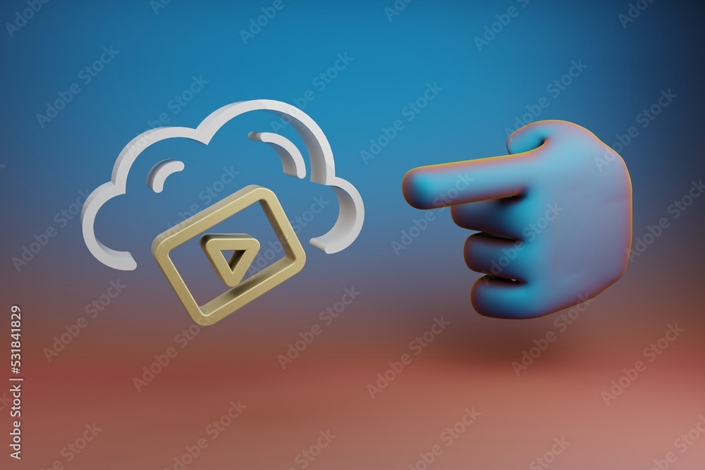 Poster beautiful illustrations abstract hand index finger points to cloud video server symbol icon on a mul