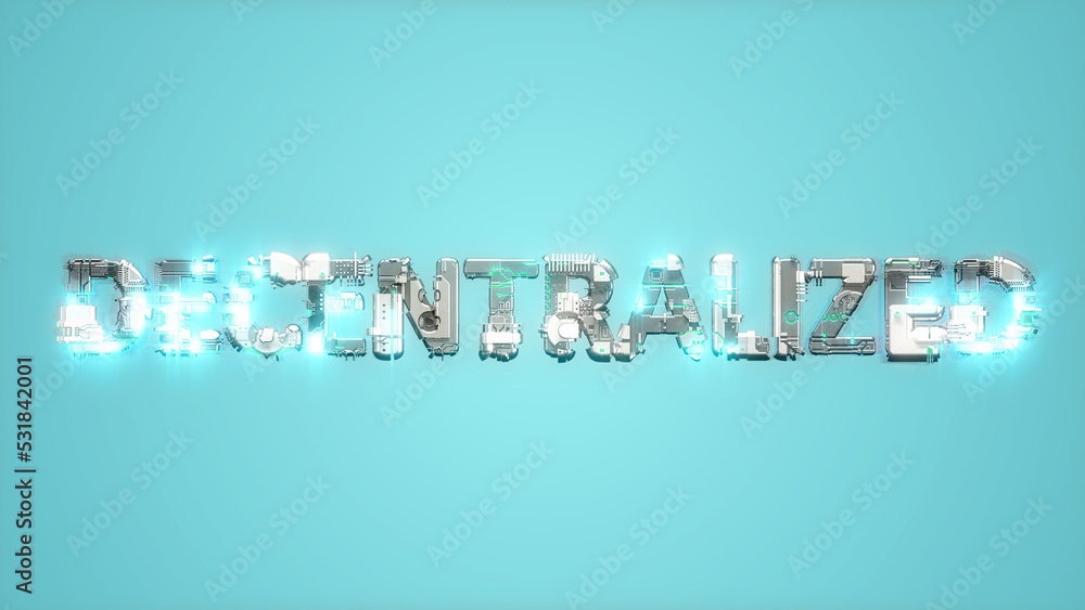 Poster modern glowing cybernetical text decentralized on blue backdrop - abstract 3d rendering