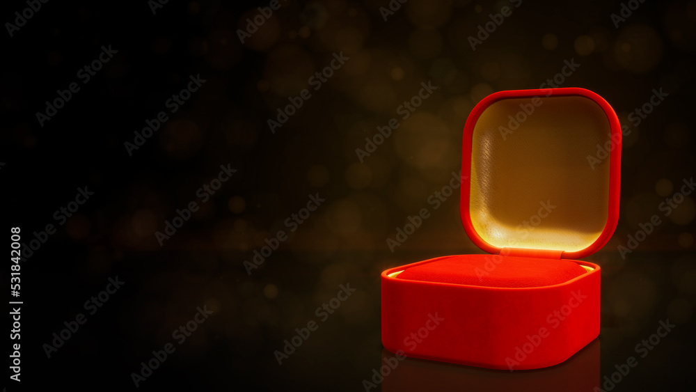 Poster Red and gold opened empty jewelry gift box with empty place on festive backdrop - abstract 3D rendering
