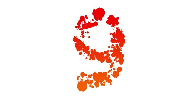 colorful red and orange number 9, stain patches style alphabet on white, isolated - loop video