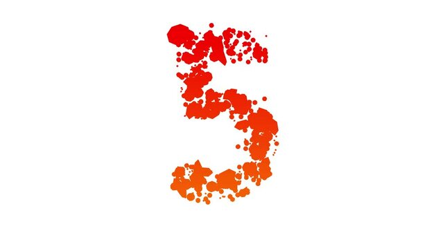 colorful red and orange number 5, stain patches style alphabet on white, isolated - loop video