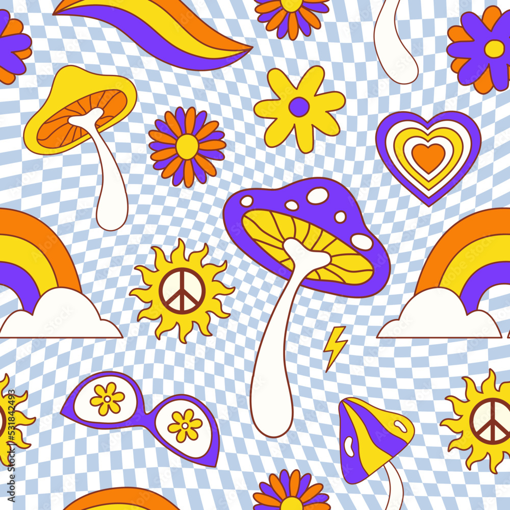 Poster retro groovy seamless pattern with cute flowers and mushrooms on a checkered background. vector illu